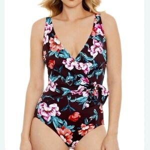 Embrace Your Curves Floral Wrap Top Tummy Cover One Piece Swimsuit 12 - 14